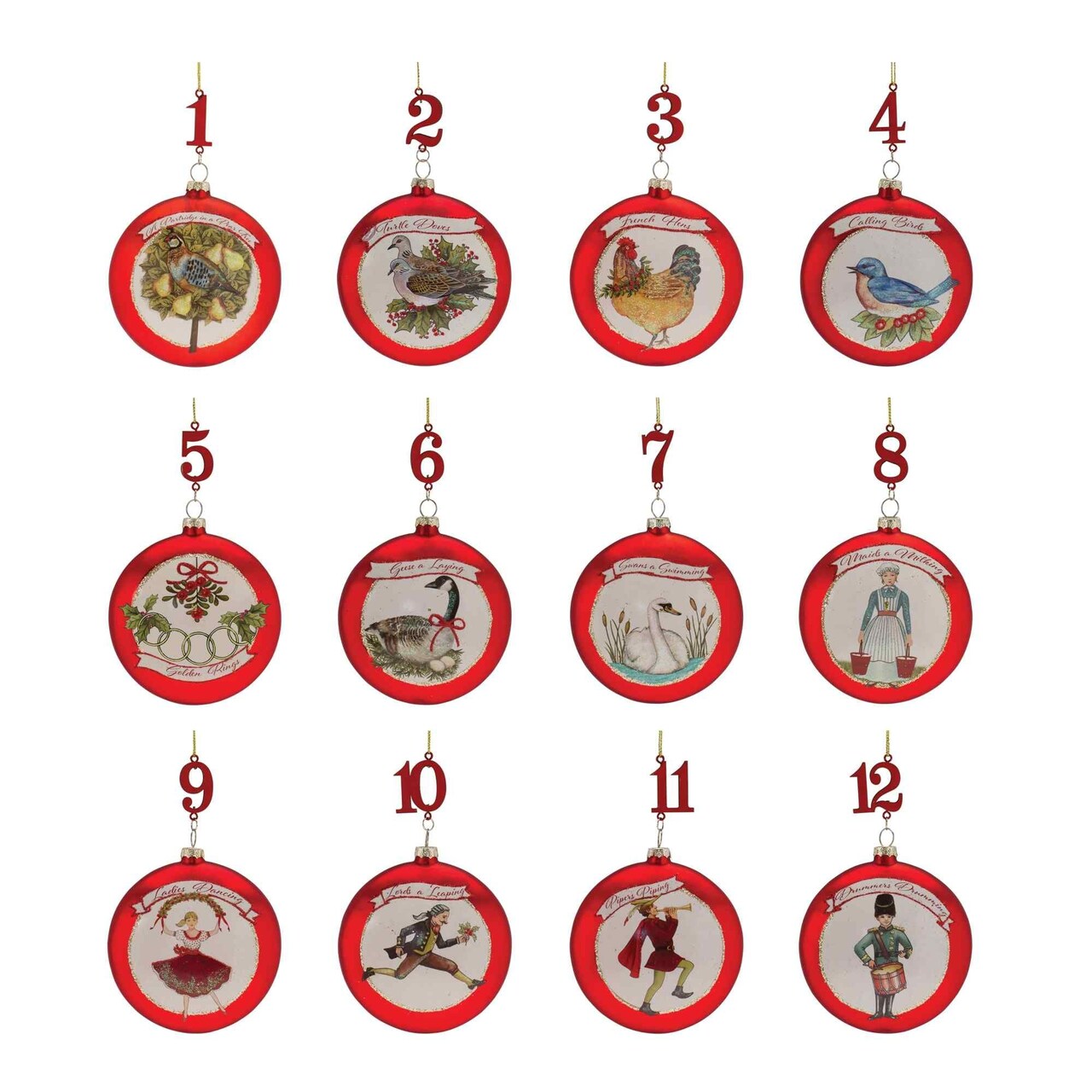 Melrose Twelve Days of Christmas Glass Disc Ornaments - 4.75" (120mm) - Multi-Color - 12ct